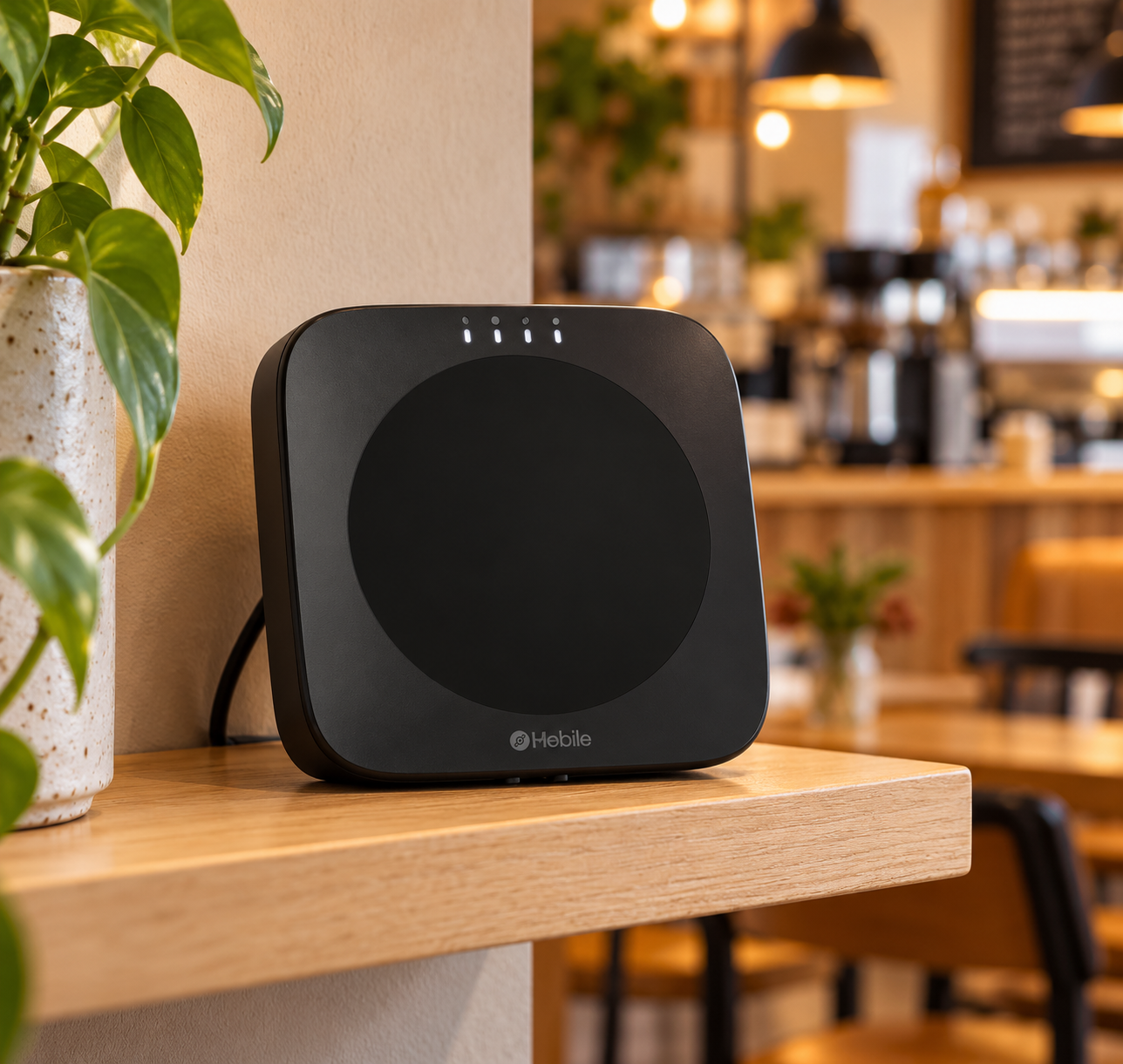 Illustrative Helium indoor hotspot on a small shelf inside a café